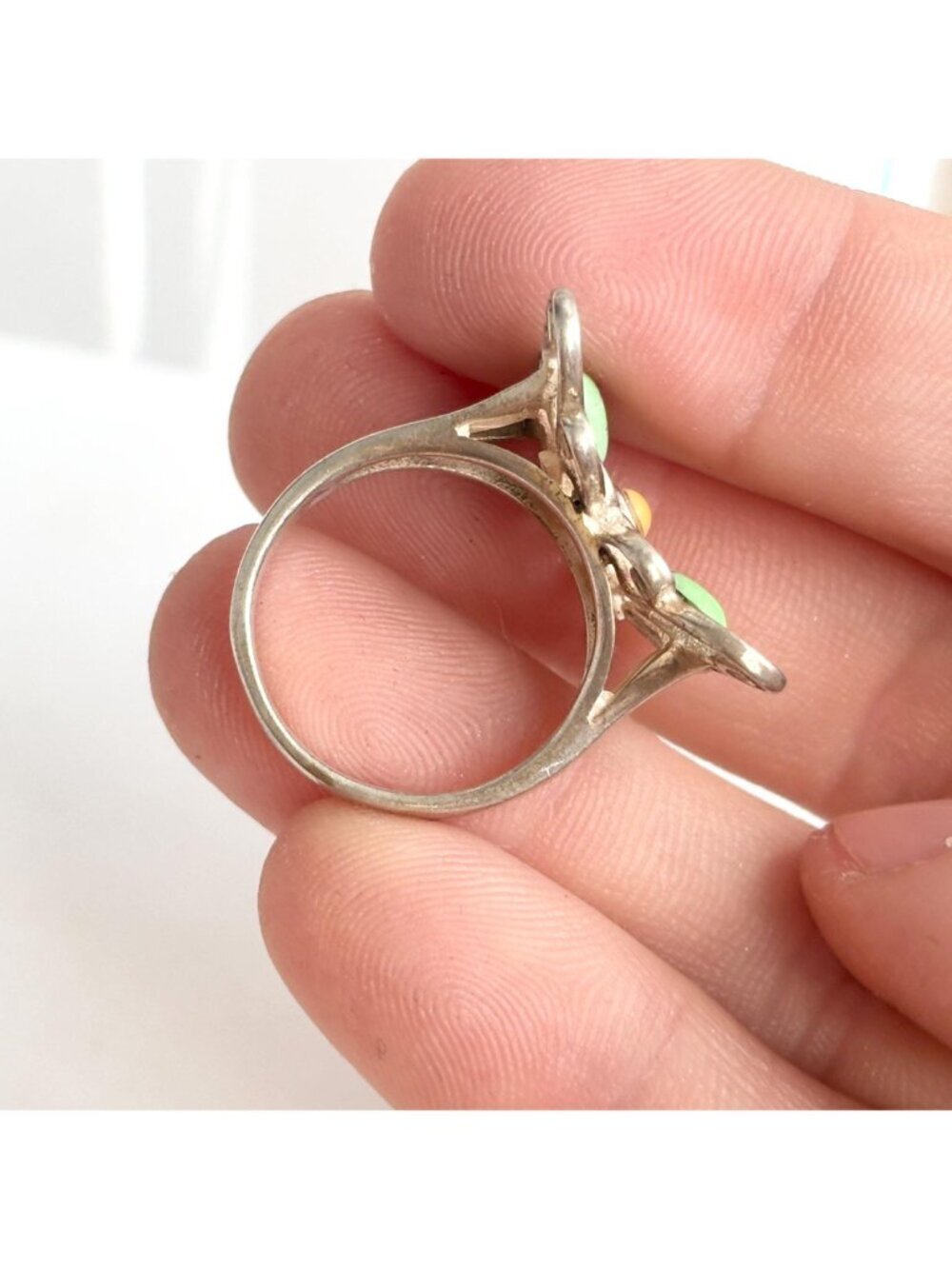 Turquoise & Coral Gemstone Butterfly Sterling Silver 925 Vintage Ring - sz 6.75 - Picture 15 of 16